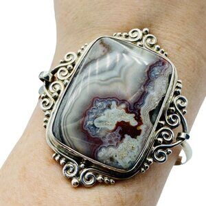 Large Sajen Sterling Silver Banded Agate Hinged Cuff Bracelet 6.75in Designer